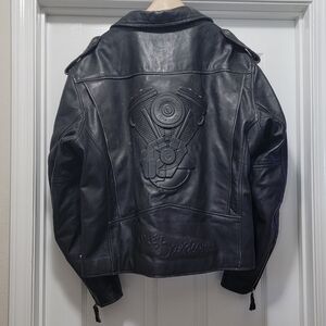 VTG 80s Harley‎ Davidson Embossed V-Twin Super Glide II Black Leather Jacket XL